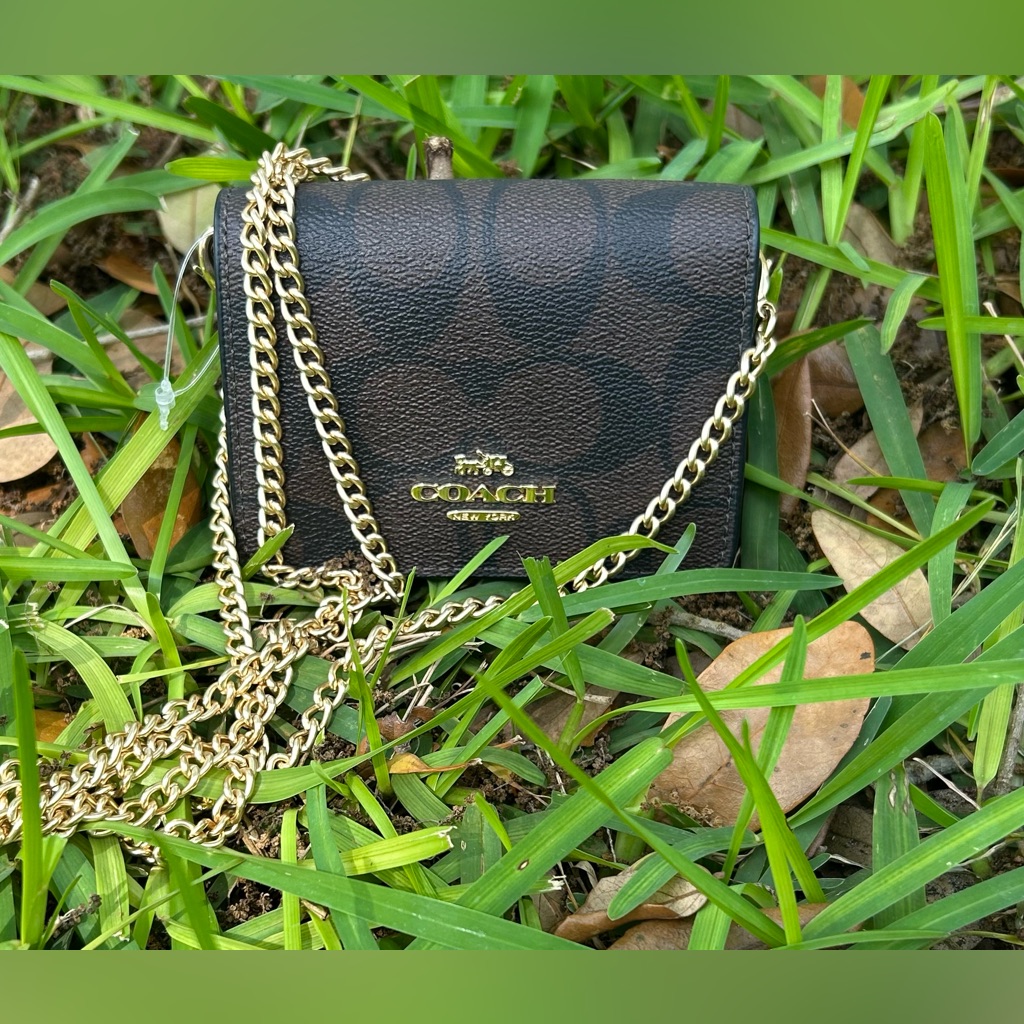 Coach Dark Brown Signature Crossbody/Wallet On Gold Chain Nwot